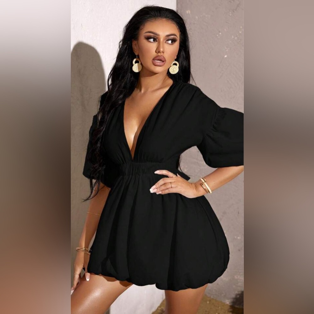 SHEIN SXY Summer Beach Deep V Neck Puff Sleeve Dress